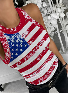 American Flag Silky Printed Fitted Tank Top. Lightweight silky top has some stretch and is more fitted. 