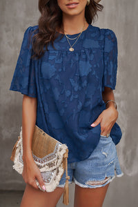 Navy Textured Floral Bell Sleeve Blouse