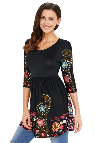 Cute Floral Print Black Elegant Tunic