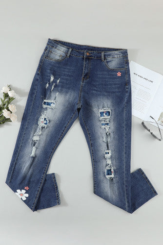 Blue Daisy Patches Stretch Denim Jeans