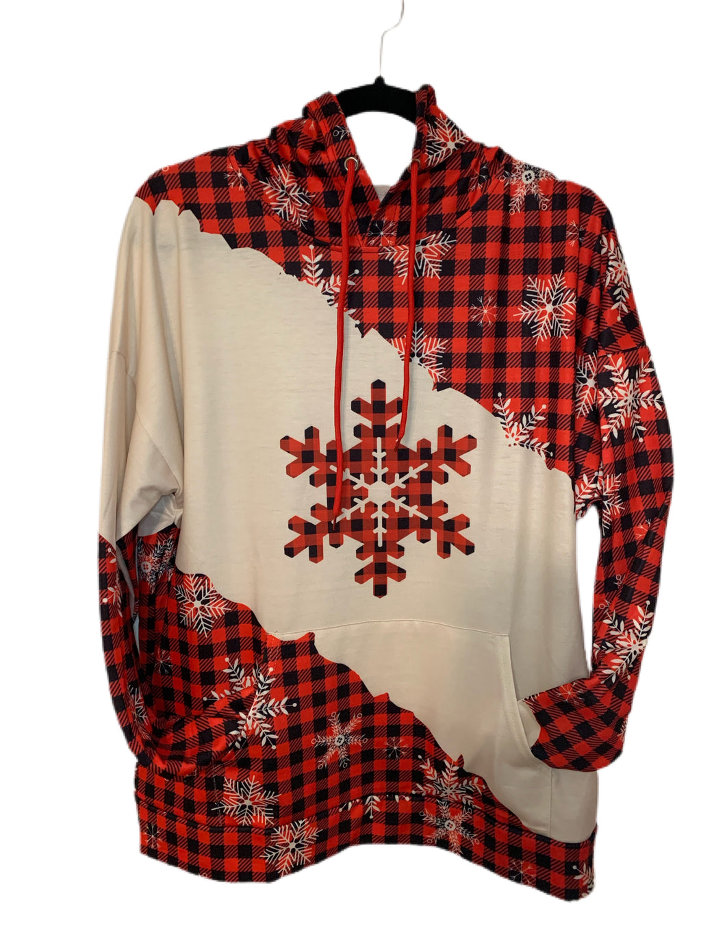  •Red plaid long sleeve with snowflake print and hooded back  •Pouch pocket on the front  •Lightweight knit hoodie  Runs true to size guide ! 