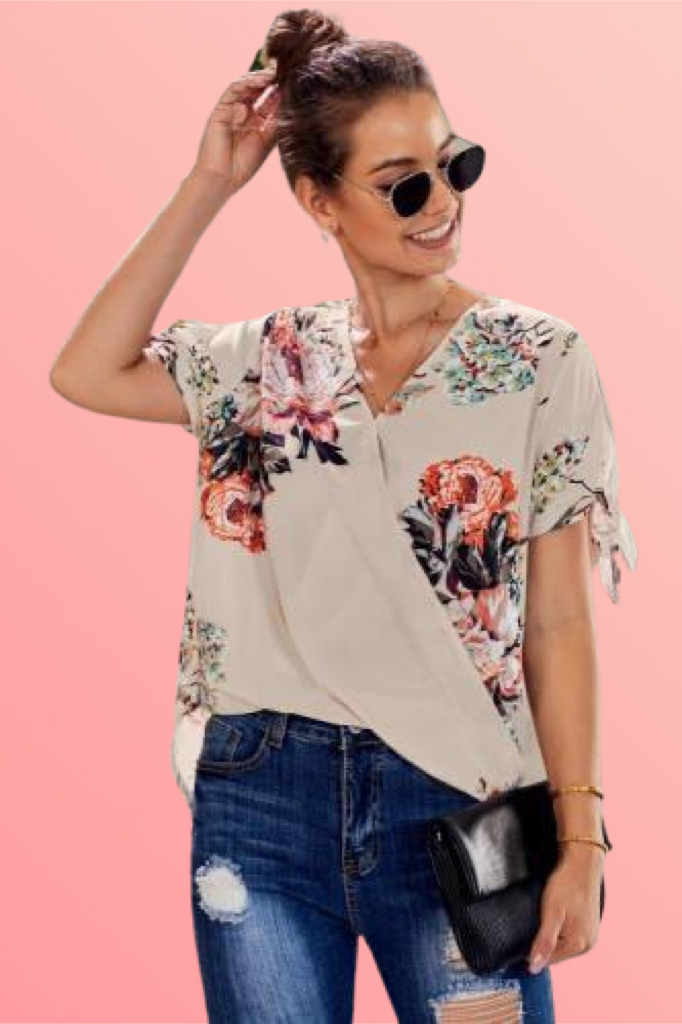 Apricot Floral Drape Over Short Sleeve Blouse