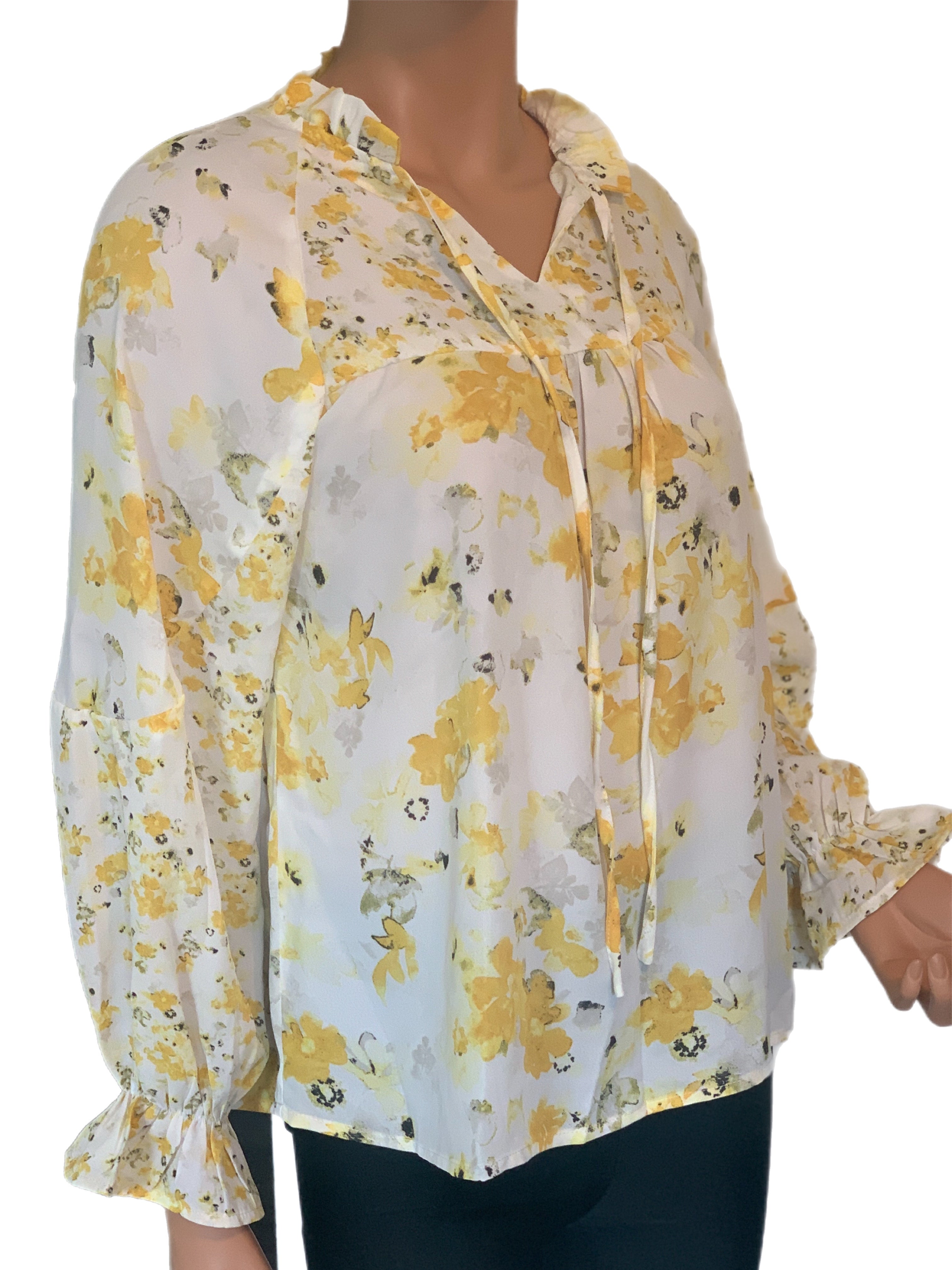 Yellow Floral Ruffly V-Neck Blouse