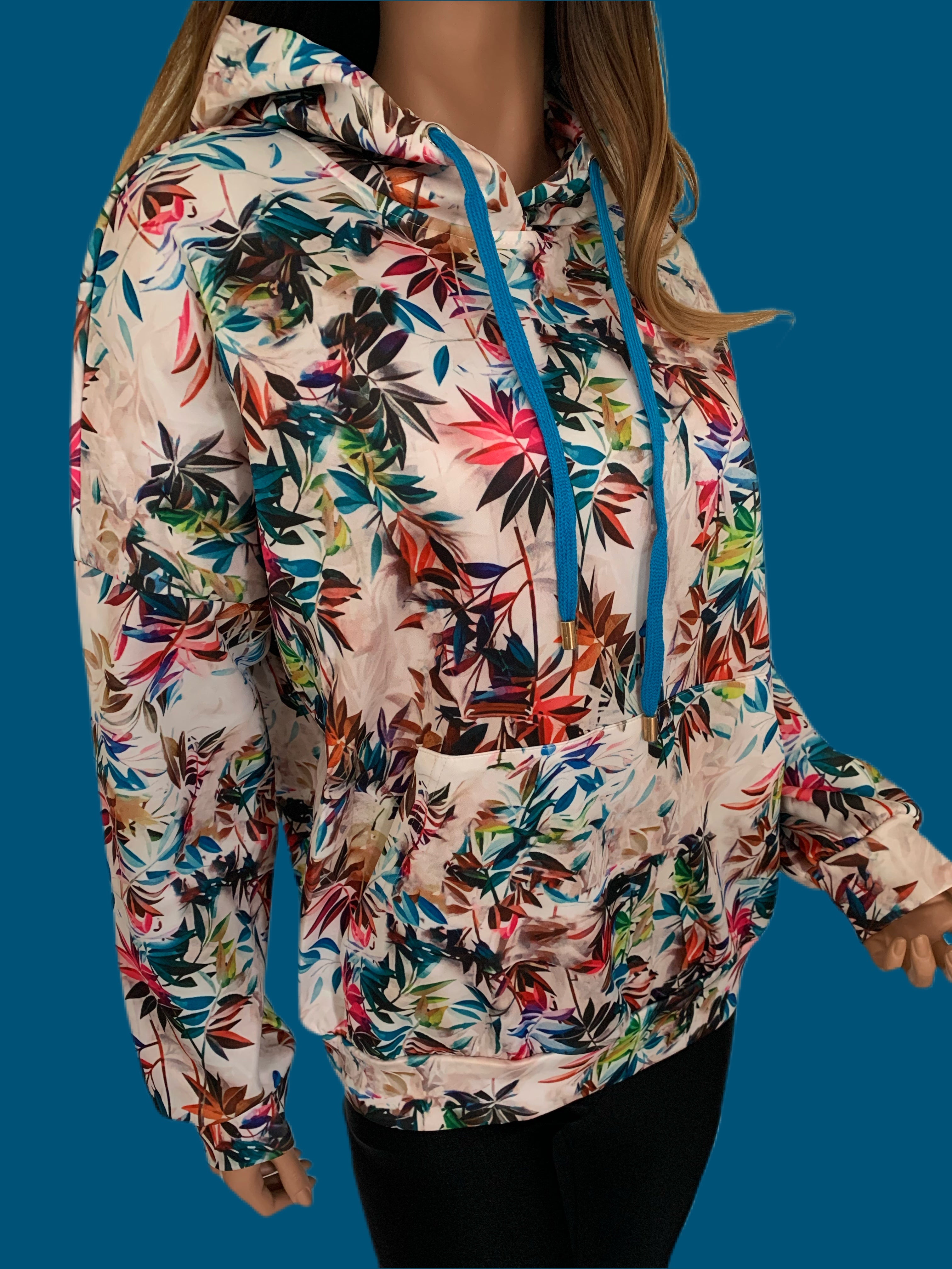 Colorful Plant Printed Cream Hooded Sweatshirt