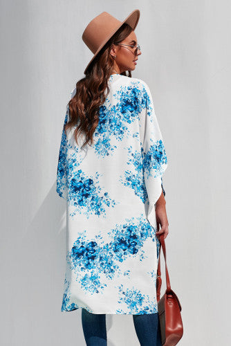 Blue Floral White Chiffon Kimono