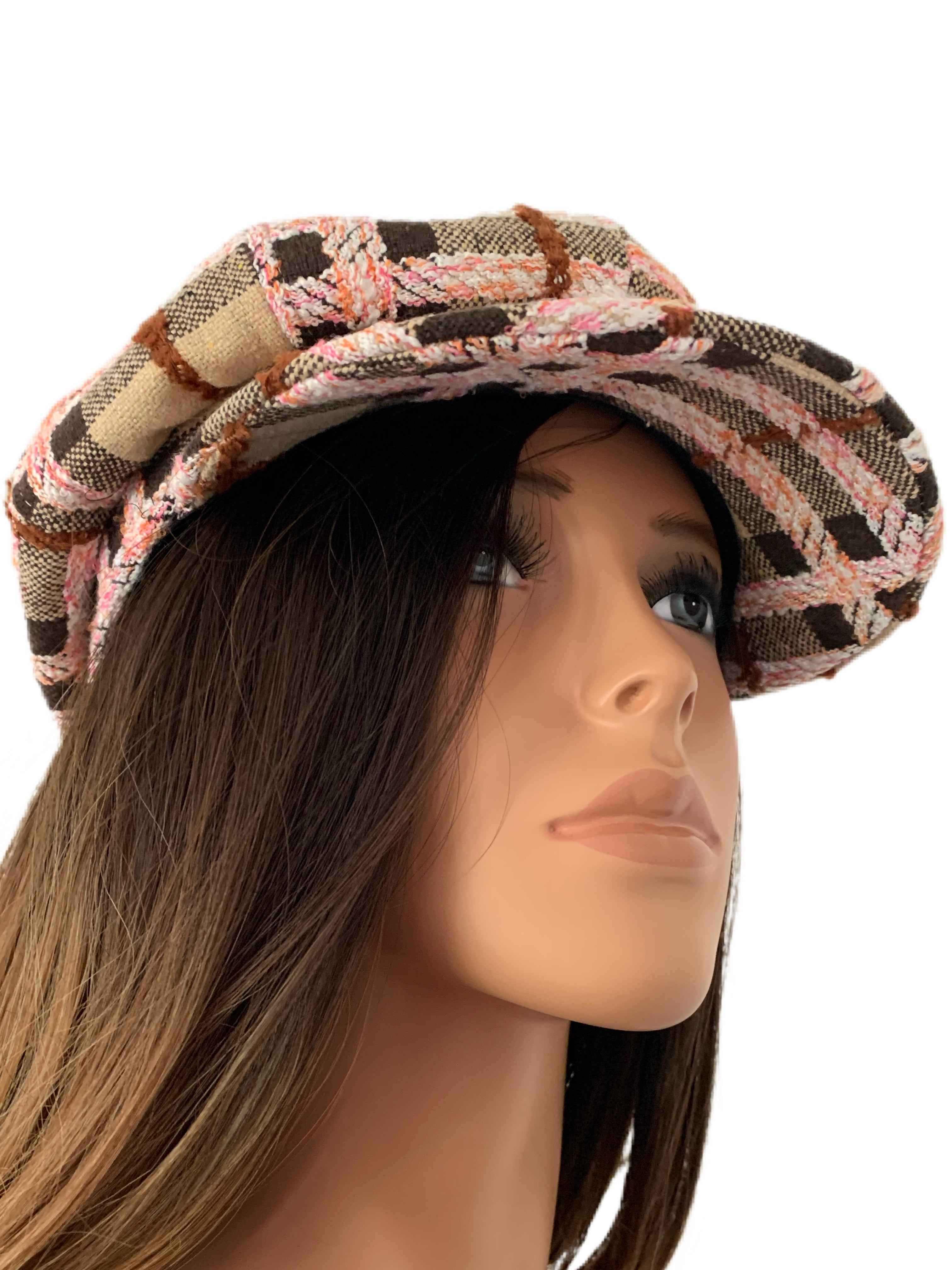 Pink, brown and tan plaid tweed hat. Adjustable with inner brim strings. High quality hat. Beautiful colors and so trendy for fall/winter. One size. 