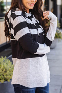 Gray Black Colorblock Drawstring Hoodie•Featuring a color block detail in gray and black.  •Trimmed with horizontal stripes and drawstring.  •High quality fabric keeps you free and comfy with every move.  •Just throw this on over your favorite graphic tee, jeans, and sneakers!