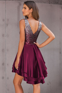 Burgundy Ombre Sequin Multi Layer Skater Dress