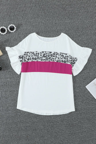 White Leopard Fuchsia Color Block Ruffled Short Sleeve Tee
