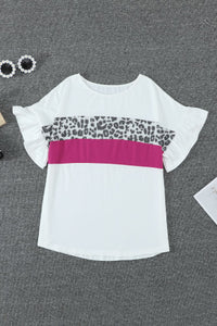 White Leopard Fuchsia Color Block Ruffled Short Sleeve Tee