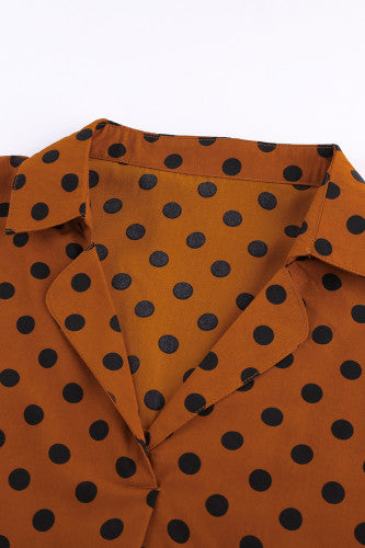 Brown Polka Dot Print Button Down Blouse