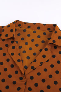 Brown Polka Dot Print Button Down Blouse