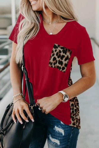 Red Leopard Print V-Neck Color-block Knit Tee