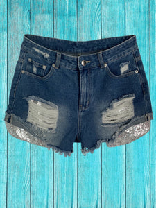 Silver Sequin Pocket Denim Shorts