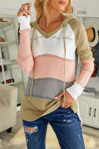 Sand and Peach Color-block Hooded Knit Sweater