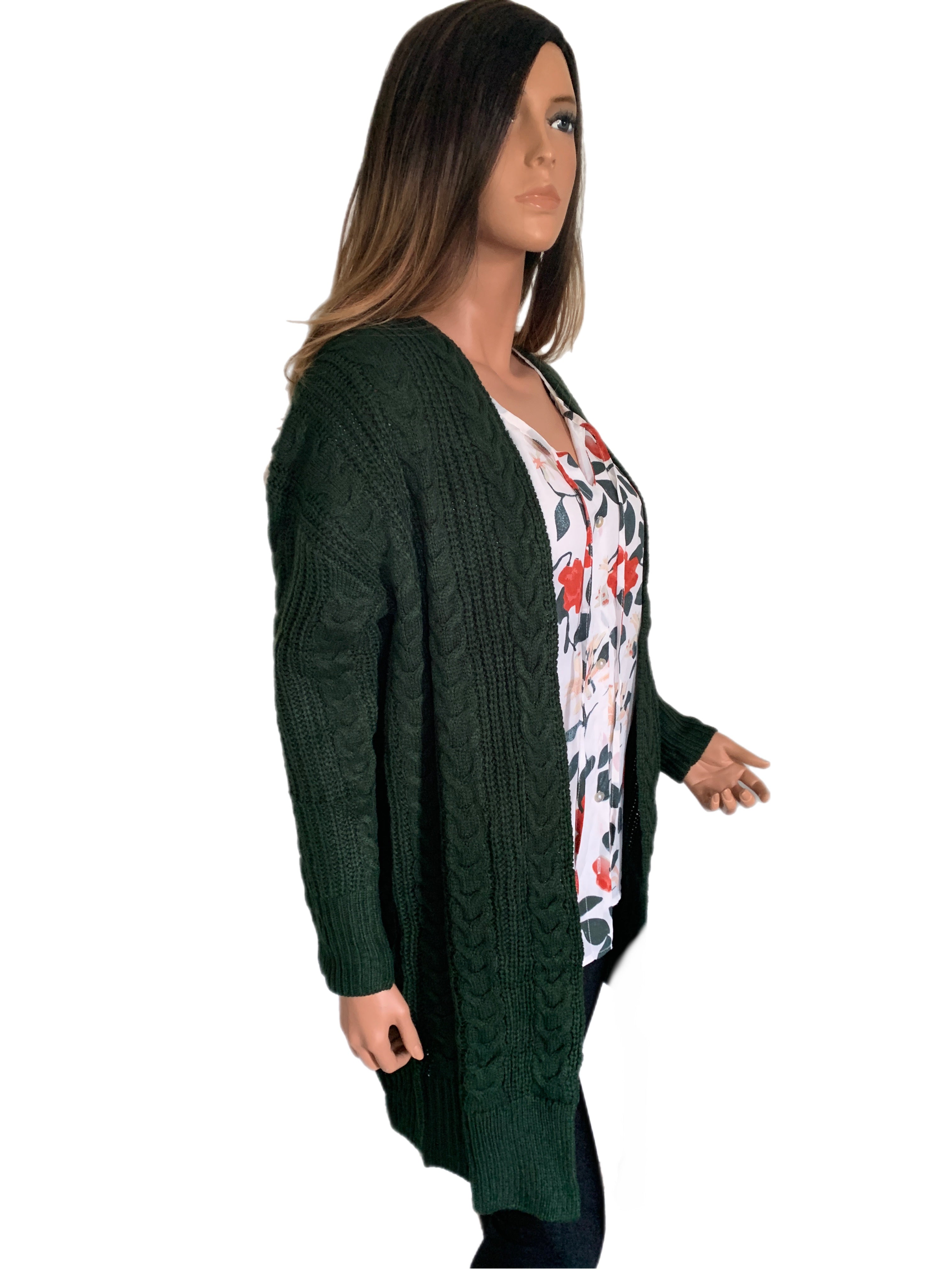 Dark Pine Cable Knit Open Front Cardigan Sweater