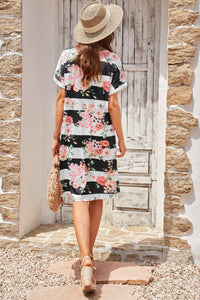 Rose Floral Black Striped T-shirt Dress