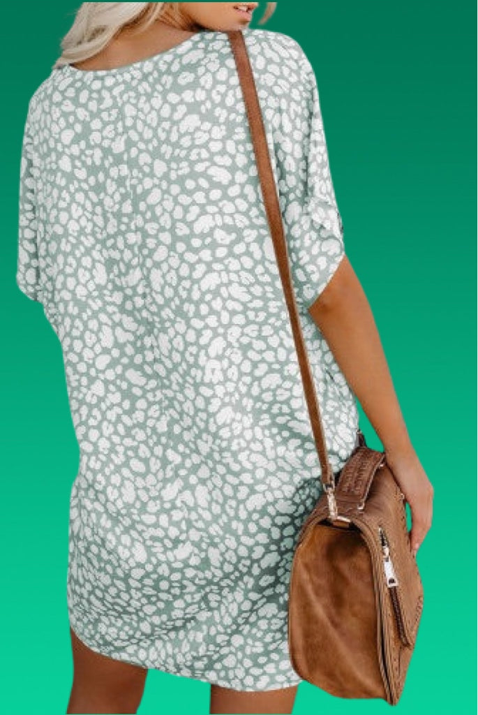 Sage leopard print silky smooth cotton blend flowy mini dress with pockets. Very roomy! Could downsize. 