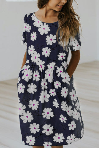 Girls Navy Blue Daisy Print Chiffon Dress with Pockets