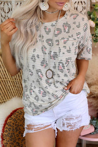 Beige Waffle Knit Pink Navy Leopard Print Tee