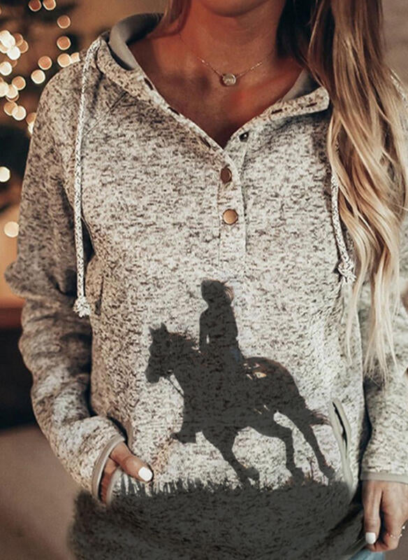 Horse Print Brown Snap Vneck Hooded Pullover