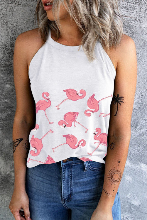 White Pink Flamingo Flock Halter Tank