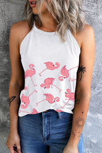 White Pink Flamingo Flock Halter Tank
