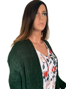 Dark Pine Cable Knit Open Front Cardigan Sweater