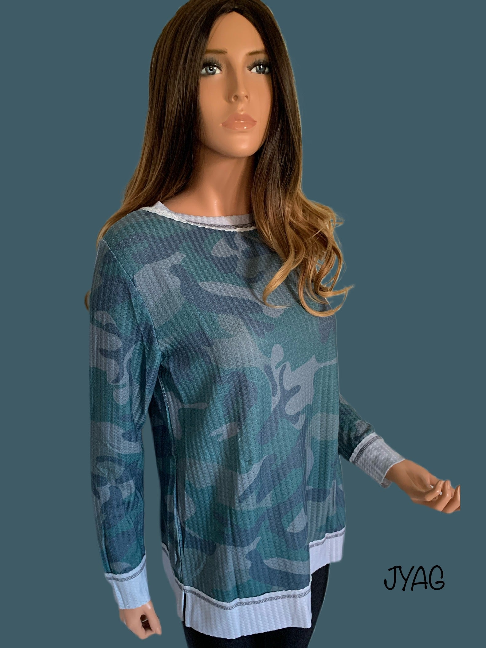 Distressed Camo Exposed Seam Waffle Knit Top