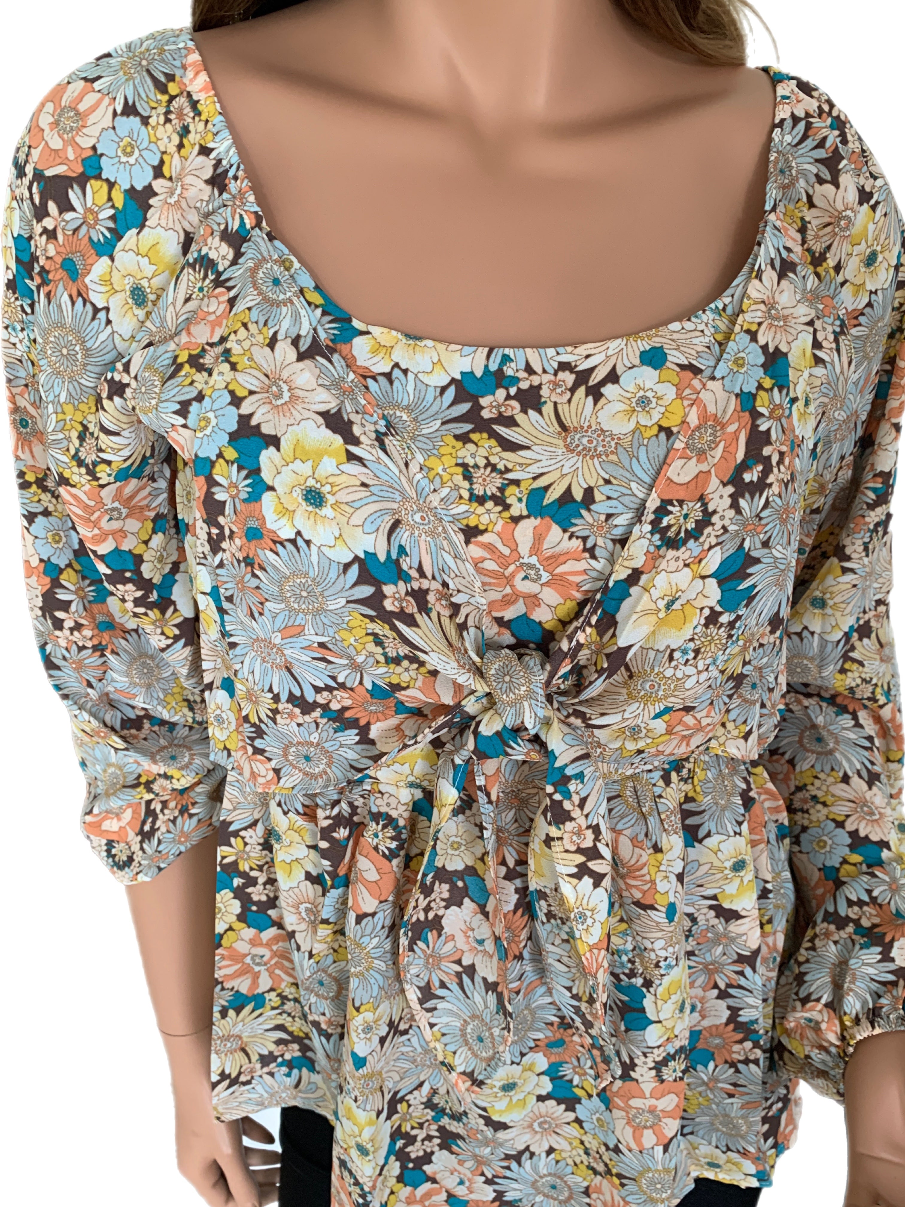 Colorful Fall Floral Crossover Front Tie Blouse