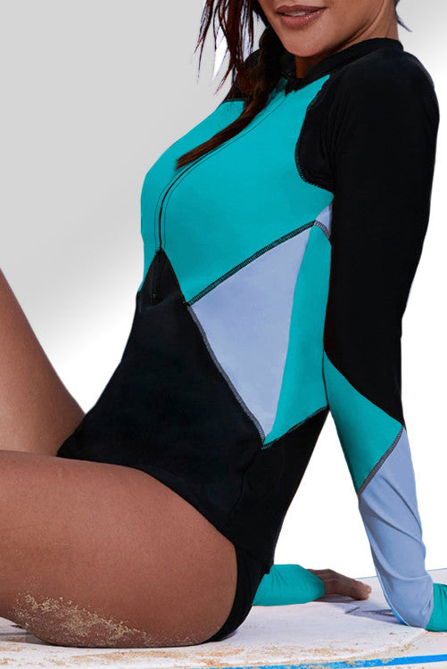 Teal Green Color Block Zip Up Rashguard Sports Top