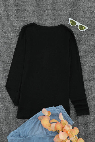 Black Snap Scoop Neck Long Sleeve Knit Top