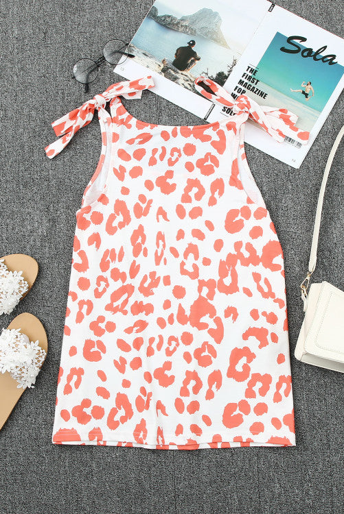 Dark Coral Leopard Print Shoulder Tie Tank