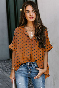 Brown Polka Dot Print Button Down Blouse
