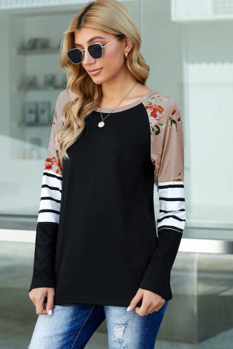 Black Striped Floral Long Sleeve Knit Top