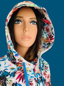 Colorful Plant Printed Cream Hooded Sweatshirt