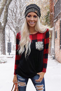 Red Buffalo Plaid Sequined Pocket Long Sleeve Top