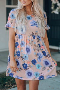 Pink Ruffled Short Sleeve Blue Floral Dress