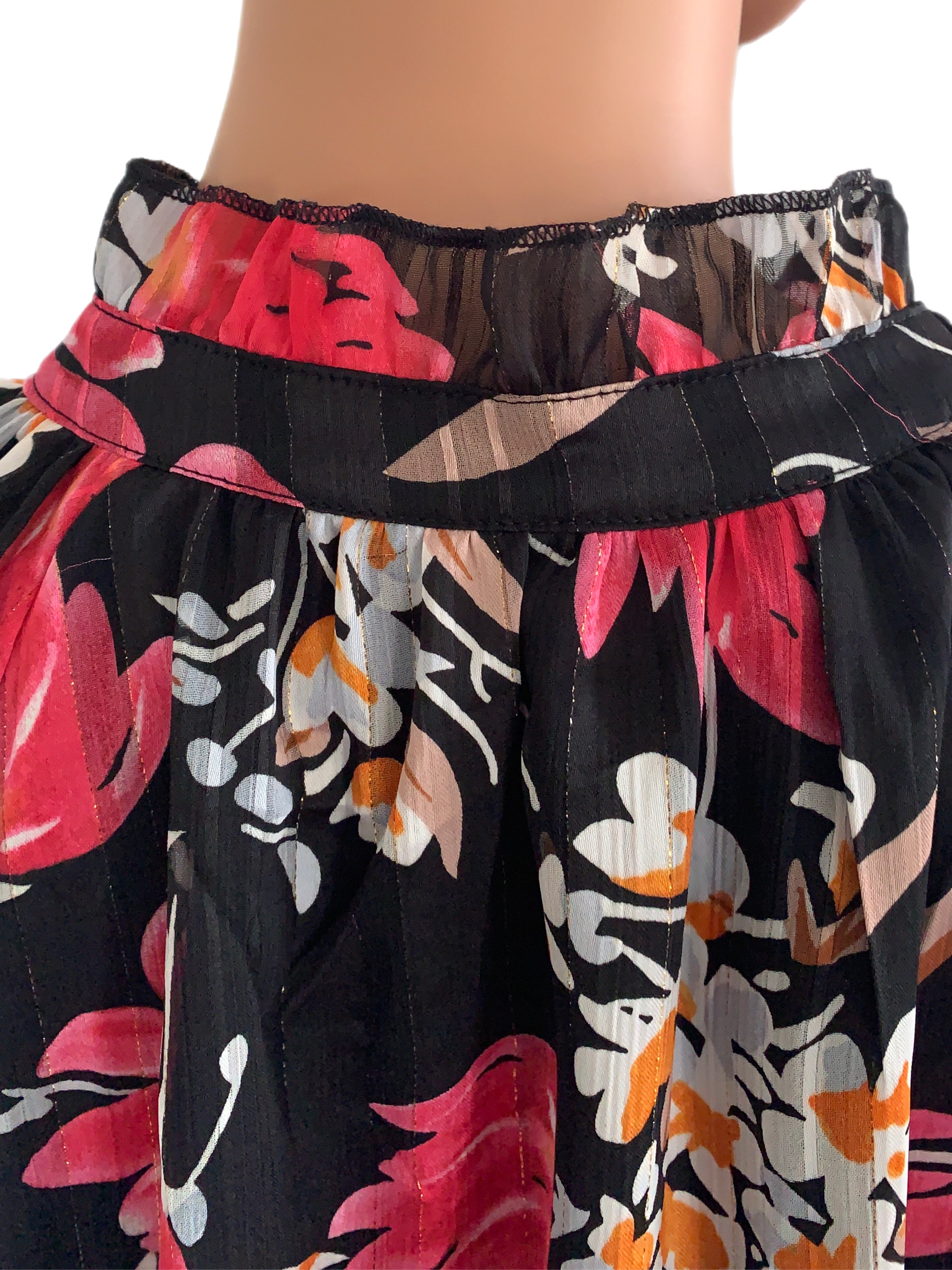 Black & Fuchsia Floral V-Neck Tie Blouse