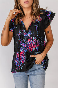 Black Floral Butterfly Sleeve Blouse