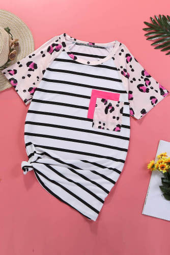 Pink Leopard Print Striped Color Block Silky Tee