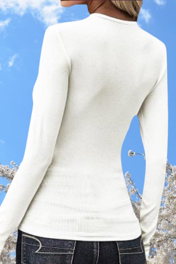 White Ribbed Knit U-neck Long Sleeve Top