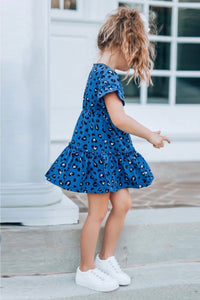 Girls Royal Blue Ruffled Leopard Print Dress