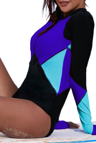 Blue Color Block Zip Up Rashguard Sports Top