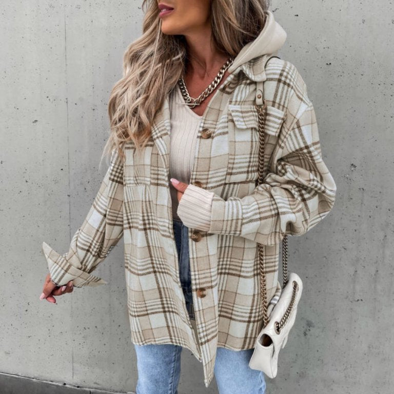 Brown/Cream Plaid Detachable Hooded Shacket