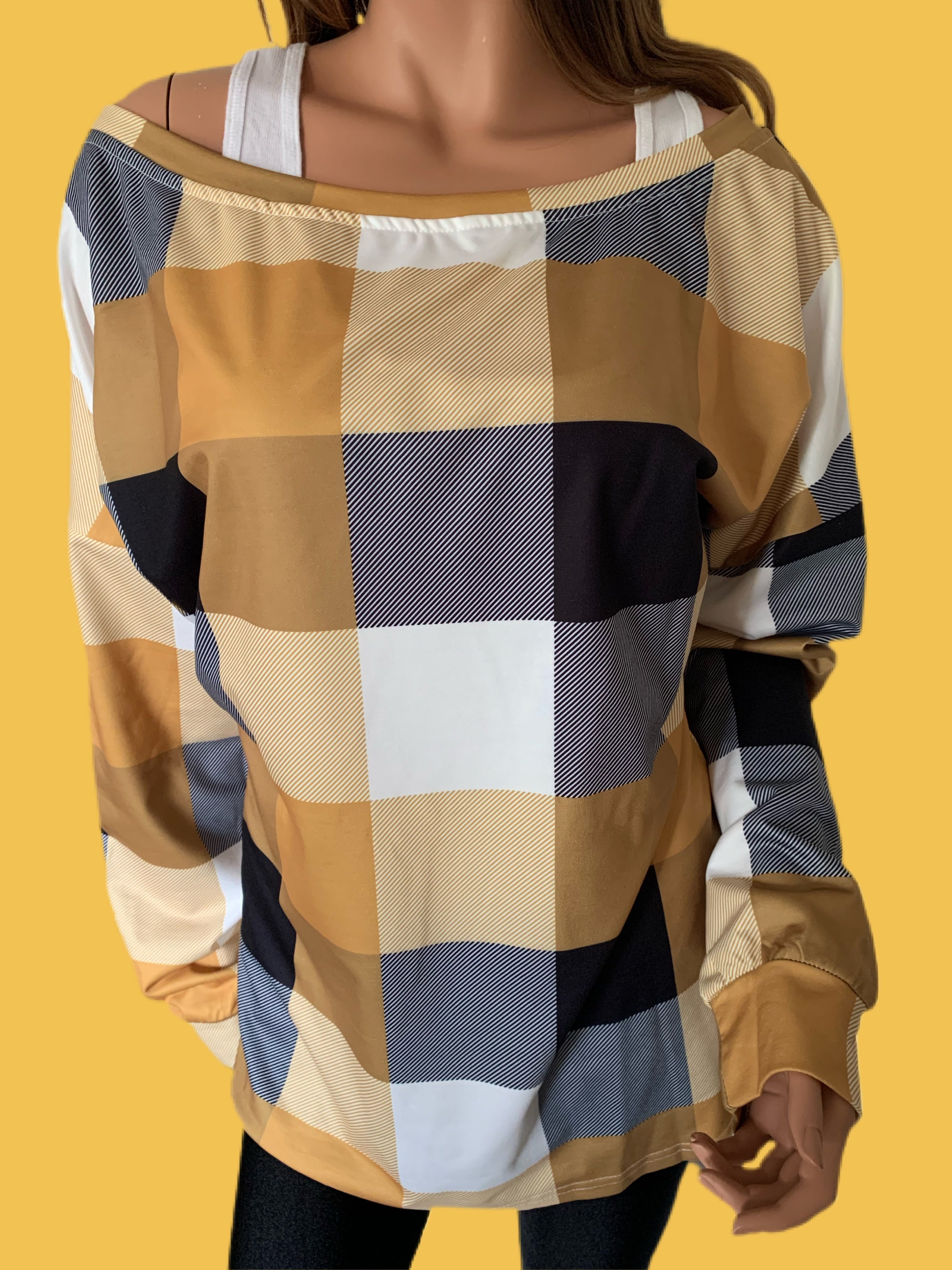 Harvest Gold Plaid Round Neck Long Sleeve Shirt