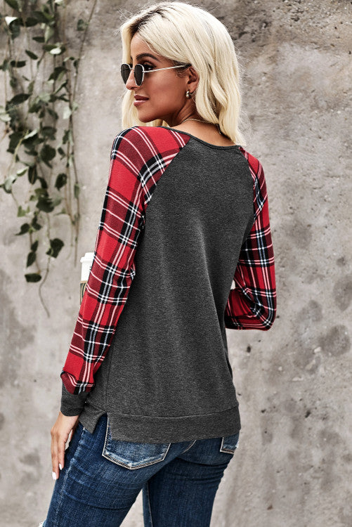 Classic Red Plaid Sequined Pocket Long Sleeve Top