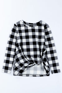 Girls Black and White Plaid Knotted Long-sleeve Top