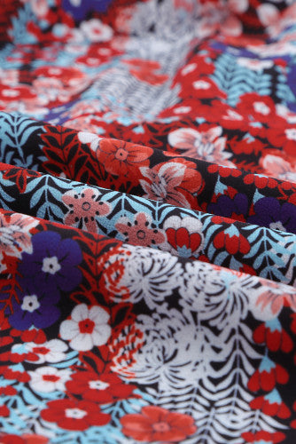 Blue and Red Floral Tie Front Short Sleeve Blouse