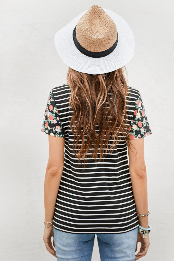Floral Sleeves Black Striped T-shirt